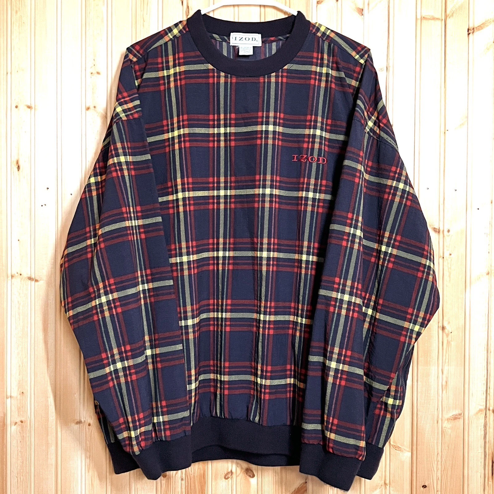 VTG IZOD Golf Plaid Navy Embroidered Pullover Windbreaker Packable Mens Sz L