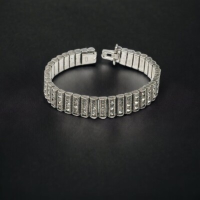 Vintage CATAMORE Art Deco Diamanté Sterling Silver Channel Bracelet