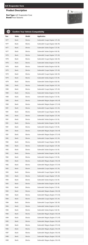 Núcleo evaporador de aire acondicionado Buick Electra 1977-1989 4 estaciones 1978 1979 1980 1981 Foto 2 de 4