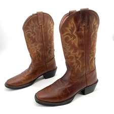 JUSTIN Mens Size 8.5 D Brown Leather square toe Western Cowboy Boots embroidered