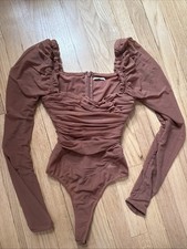 House of CB Emme Mocha Ruched Chiffon Puff Sleeve Bodysuit Size Small