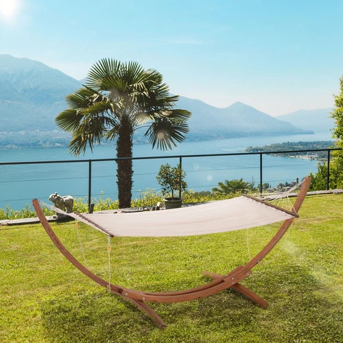 Wooden Curved Arc Hammock Stand with Cotton Hammock Outdoor Patio Swing, White