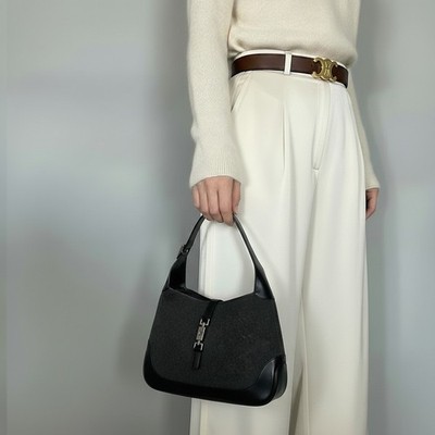 GUCCI Jackie One Shoulder Bag Gray Felt Leather