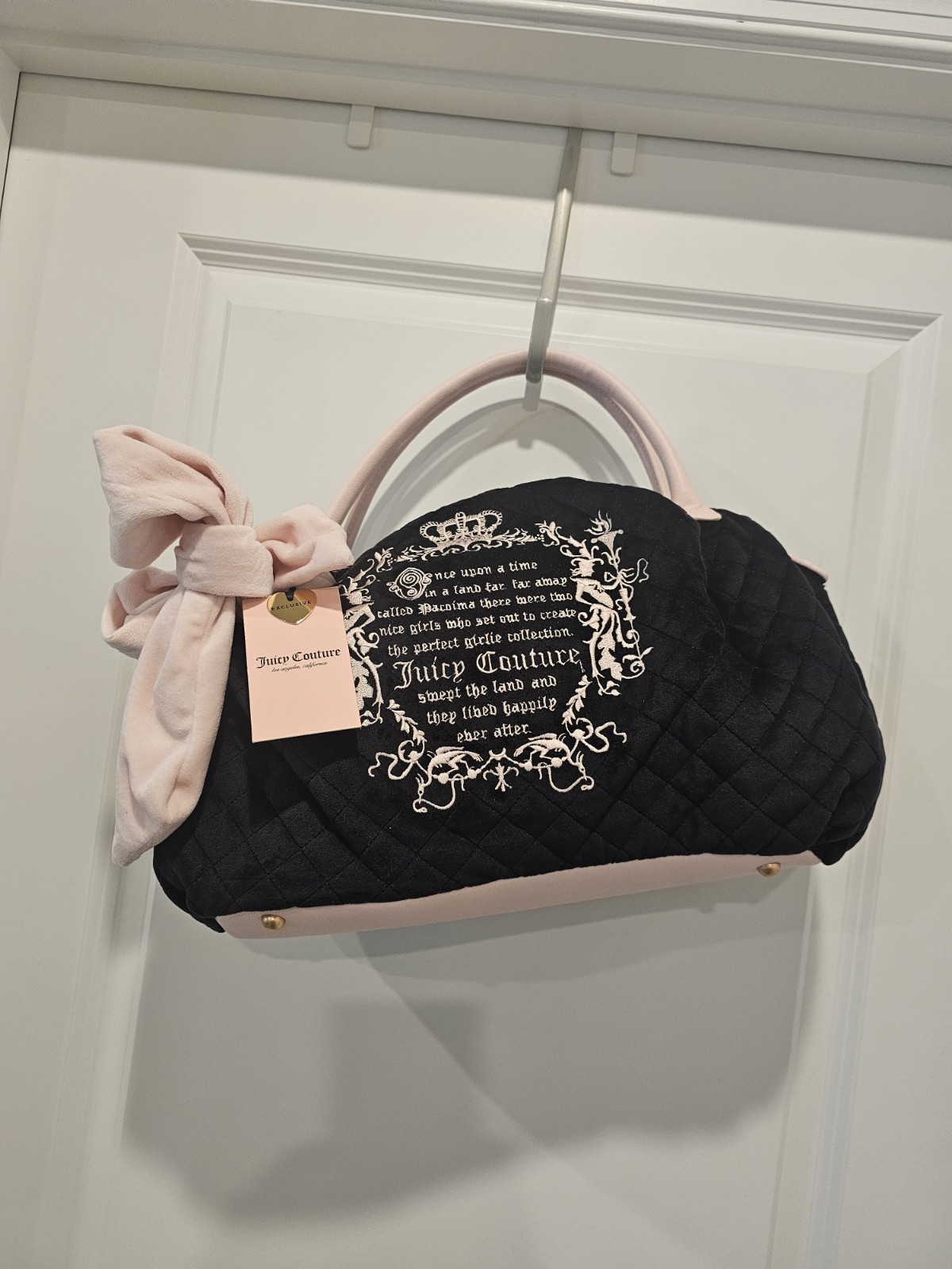 Juicy Couture Juicy Tale Bowler Satchel Bag Retro Pink/ Black Quilted Velour Nwt