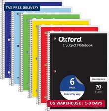 Oxford Spiral Notebook 6 Pack, 1 Subject, College Ruled Paper, 8 x 10-1/2 Inch,