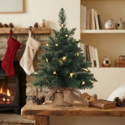 Realistischer Kiefer Mini Weihnachtsbaum - 20 Zoll mit 100 Astspitzen & Lichtern