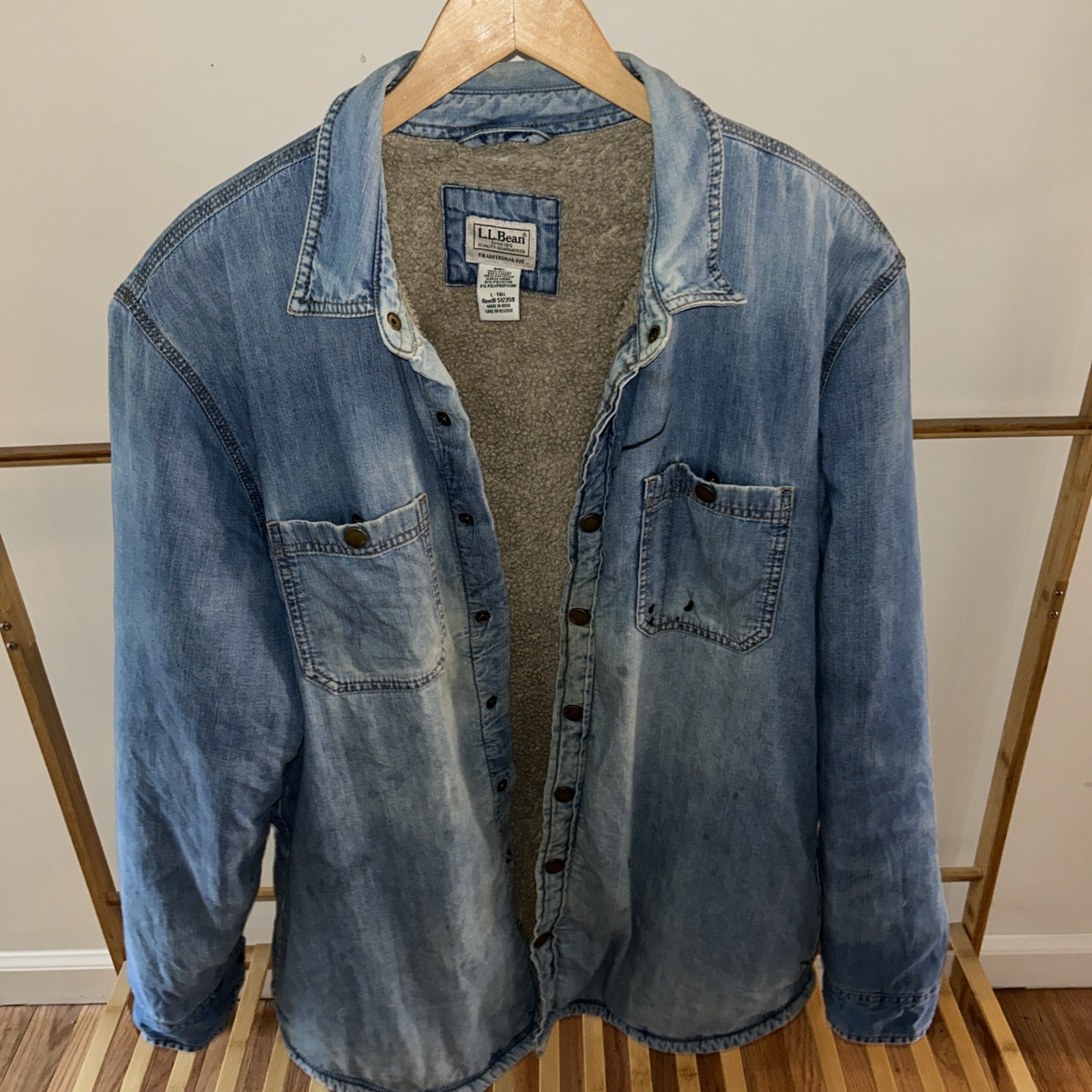 Men’s Large-Tall LL Bean Jean Denim Jacket Fleece Lined Distressed Chore Work LT