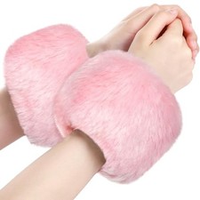 Faux Fur Short Wrist Cuff Winter Fuzzy Wrist Cuff Warmers for Women Girls Pink