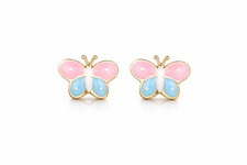 14k Yellow Gold Enamel Butterfly Baby earrings, Screw Back