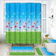 4 PCS Grassland Watercolor Floral Shower Curtain Set With Rugs 12 Hooks