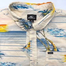 O'Neill Button Down Shirt Men XL Cream Tropical Sunset Palm Tree Modern Fit