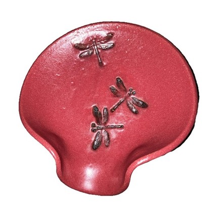 Spoon/Ladle Rest Dish Dragonfly Deep Red Artist Signed Hand Crafted Pottery