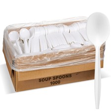 1000 White Plastic Disposable Soup Spoons - Medium Weight Bulk Cutlery