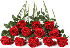 12 Pcs Red Roses Artificial Flowers with Stems Silk Roses Fake Rose Realistic Fl