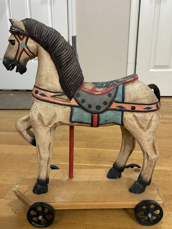 Vintage Antique Carousel Style Wooden Toy Horse On Wheels Hand Carved Painted