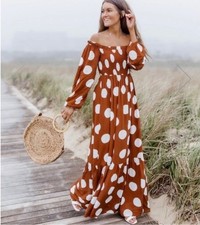 Caitlin M Covington x Pink Lily Maxi Dress L Brown Polka Dot Boho