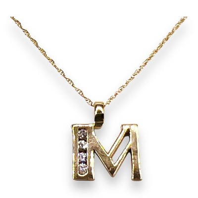 10k Gelbgold Buchstabe M Initiale Diamant Anhänger Halskette Kette 18''