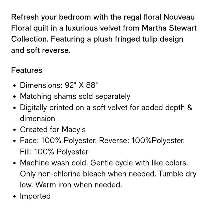 Martha Stewart "Nuevo Floral" 2 Piezas Edredón Reina y Juego de Almohadas 18x18, Terciopelo, Nuevo con Etiquetas Foto 2 de 4
