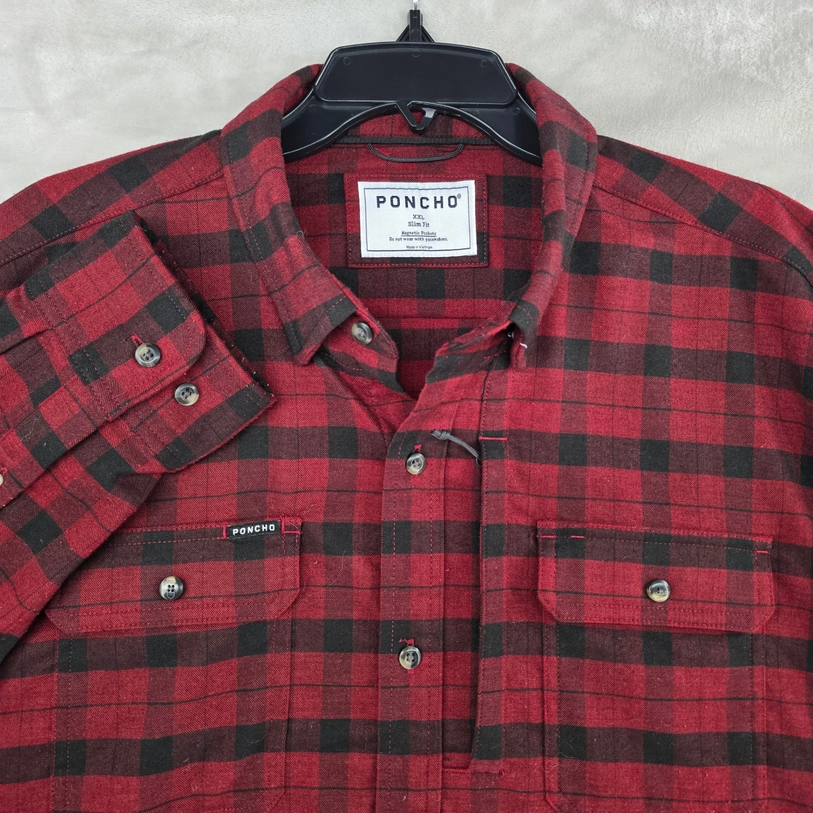 Poncho Flannel Shirt Mens XXL Red Black Buffalo Plaid Magnetic Pockets Slim Fit