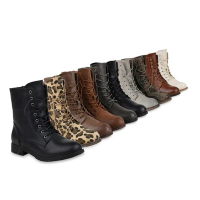 MARKENLOS Damen Schnürstiefeletten Profil Sohle Stiefeletten Leder-Optik 812022 Schuhe