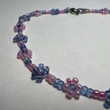 Vintage Flower Small Beaded Anklet Pink Blue Fine Detail Light Weight 10"