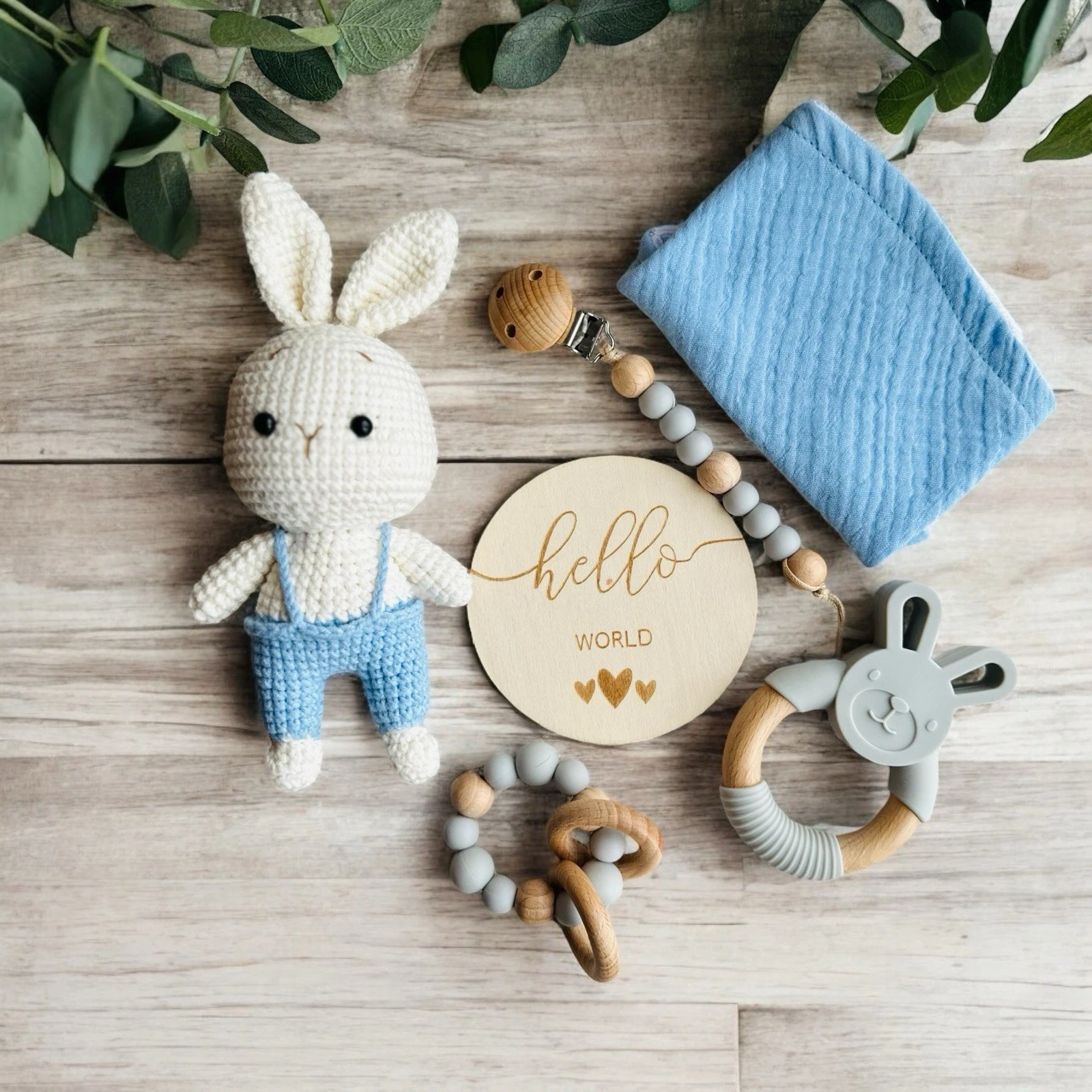 Organic Baby Gift Set With Crochet Bunny, Wooden Teething Toys, Muslin Bandana