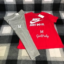 NIKE WOMENS LIGHT GREY LEGGINGS OUTFIT RED SHORT SLEEVE LOGO TEE IN MEDIUM