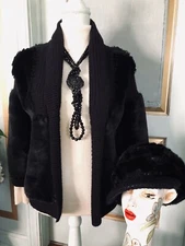 New Derek Lam Black Faux Fur Wool Jacket With Hat Size S