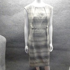Calvin Klein Dress Womens Size 10 Sheath Dress Grey Beige Lined Vertical Stripe 