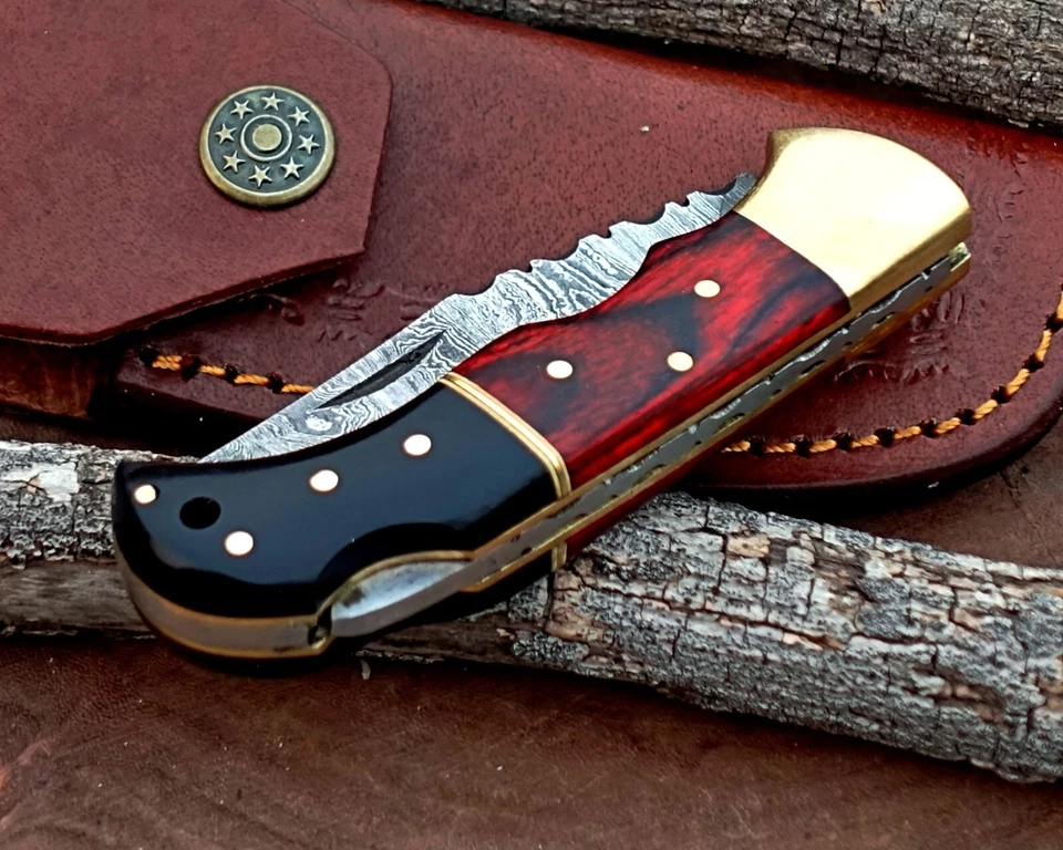 Damascus handmade Back Lock Folding Pocket knife camping Hunting Knife wid Pouch - Image 2 of 4