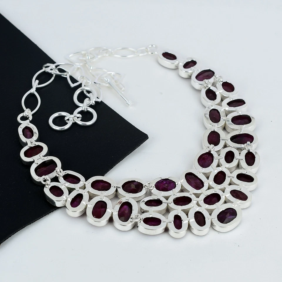 Bello Rosso Rubino Gemma Artigianale 925 Argento Sterling Collana Per Love Gifts - Immagine 4 di 4