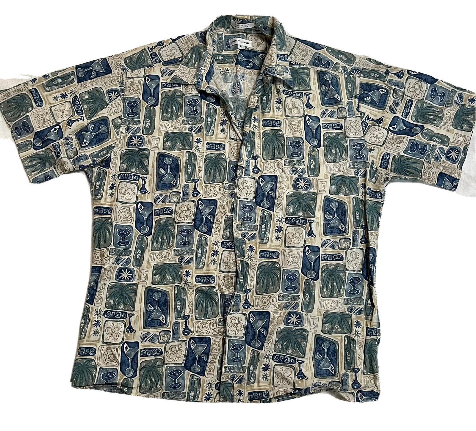 Mens Pierre Cardin Shirt Large Palm Tree Drinks Print Blue Hawaiian Aloha Shirt