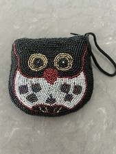 Beaded Owl Change Purse With Loop Zippered Black Red Gold Pearlized White Purple