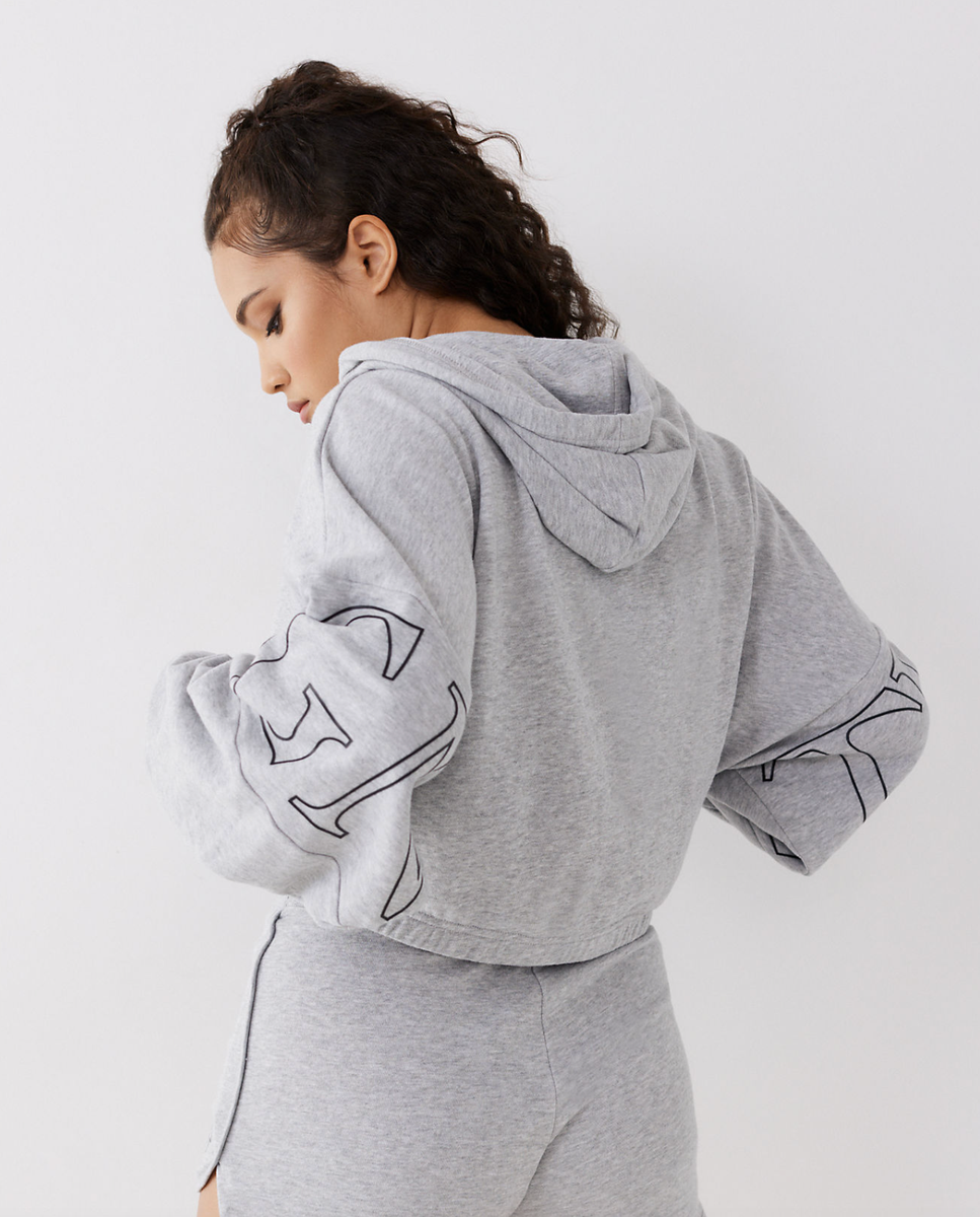 True Religion L129614 Womens Grey Heather Zip Crop Hoodie Size XS