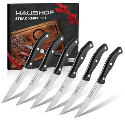 HAUSHOF 6PC Steak Knives Set Stainless Steel Knives Serrated 9'' Full Tang Knife