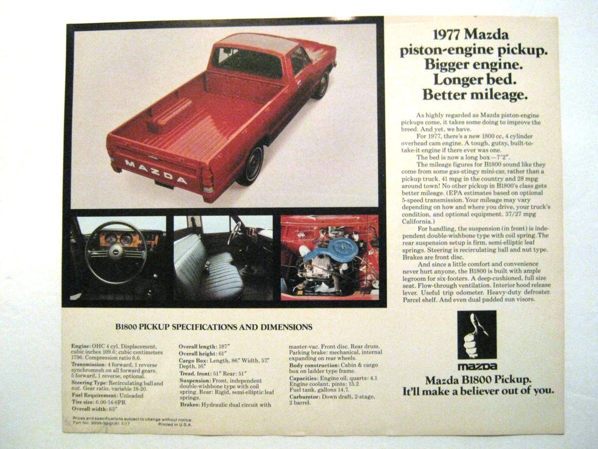 1978 Mazda B1800 Long Bed/Short Bed Pickup Brochure and Flyer | eBay