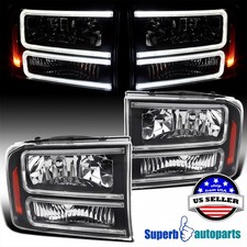 Fit 1999-2004 Ford F250 Superduty 2000-2004 Excursion Black Headlight W Led Bar