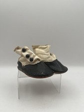 Pair Of Victorian High Top Baby Shoes Black White Leather Black Buttons Vtg