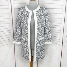 Nine West Topper Jacket Women 2 Black White Floral Brocade Open Long Blazer