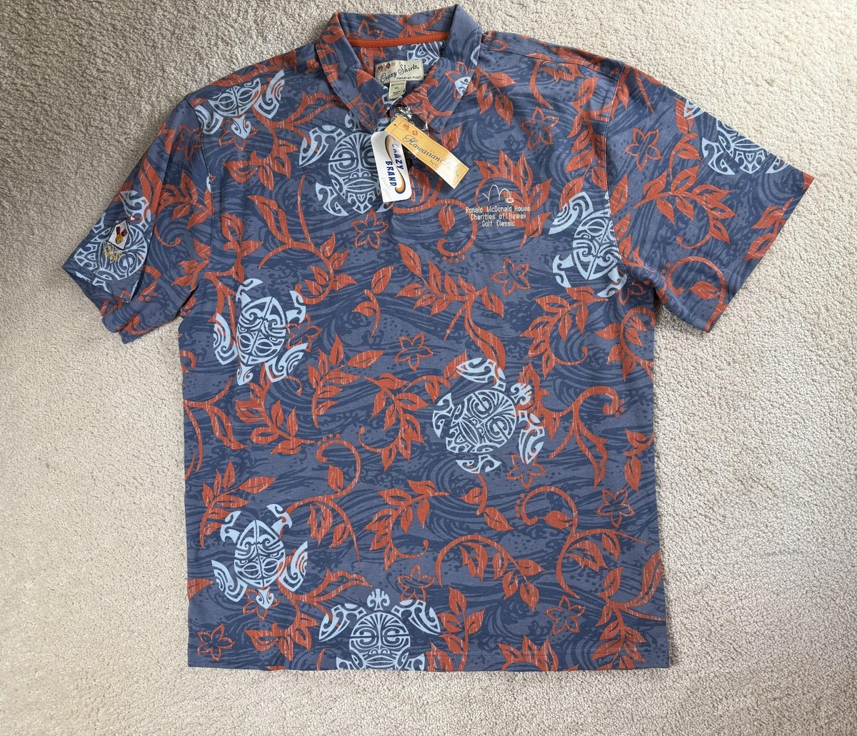 Crazy Shirts Polo Shirt Men XL Blue Orange Hawaiian Turtle Ronald