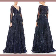 NWT Mac Duggal [ 18 ] 67113 Damask Sequin Long Sleeve Gown Midnight Blue S719