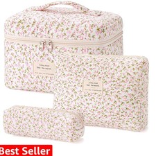 Quilted Makeup Bag, 3PCS Cotton Large Travel Makeup Bag, Cute Floral Coquette...