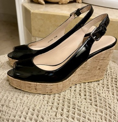 Stuart Weitzman Black Patent Leather Peep Toe Slingback Wedge Platform 6.5B