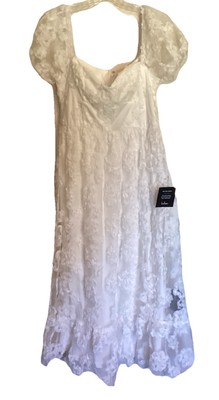 Womens M Lulus Dress Romantic Floral White Lace, Fairy Puff Sleeves With Tags