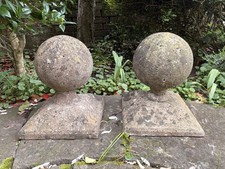 Pair of Vintage Stone Ball Pier Cap Finials with bases - 200mm dia, 300mm base