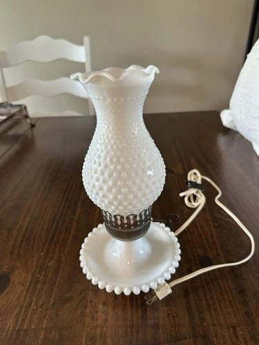 Hobnail Milk Glass 11.5" Lamp VTG Hurricane Electric Parlor Table Boudoir Works,