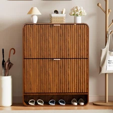 Fluted Shoe Cabinet with 2 Flip Drawers,Narrow Shoe Storage Cabinet for Entryway