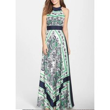Eliza J Green & Navy Blue Scarf Print Maxi Dress Women 4