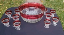 Vintage Indiana Ruby Glass King Crown Punch Bowl & 12 Footed Cups