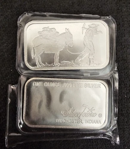 PROSPECTOR WITH DONKEY SILVER 1 OZ .999 FINE Silver ART BAR